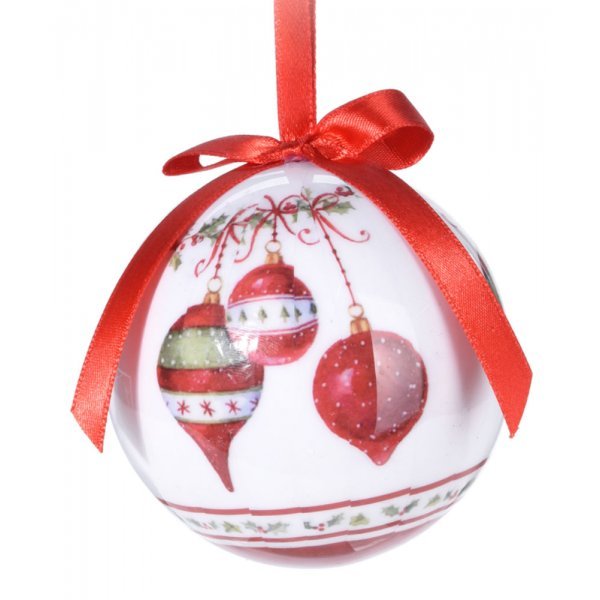 Χριστουγεννιάτικη Μπάλα Λευκή, με Κόκκινο Φιόγκο και Μπαλίτσες (7cm)